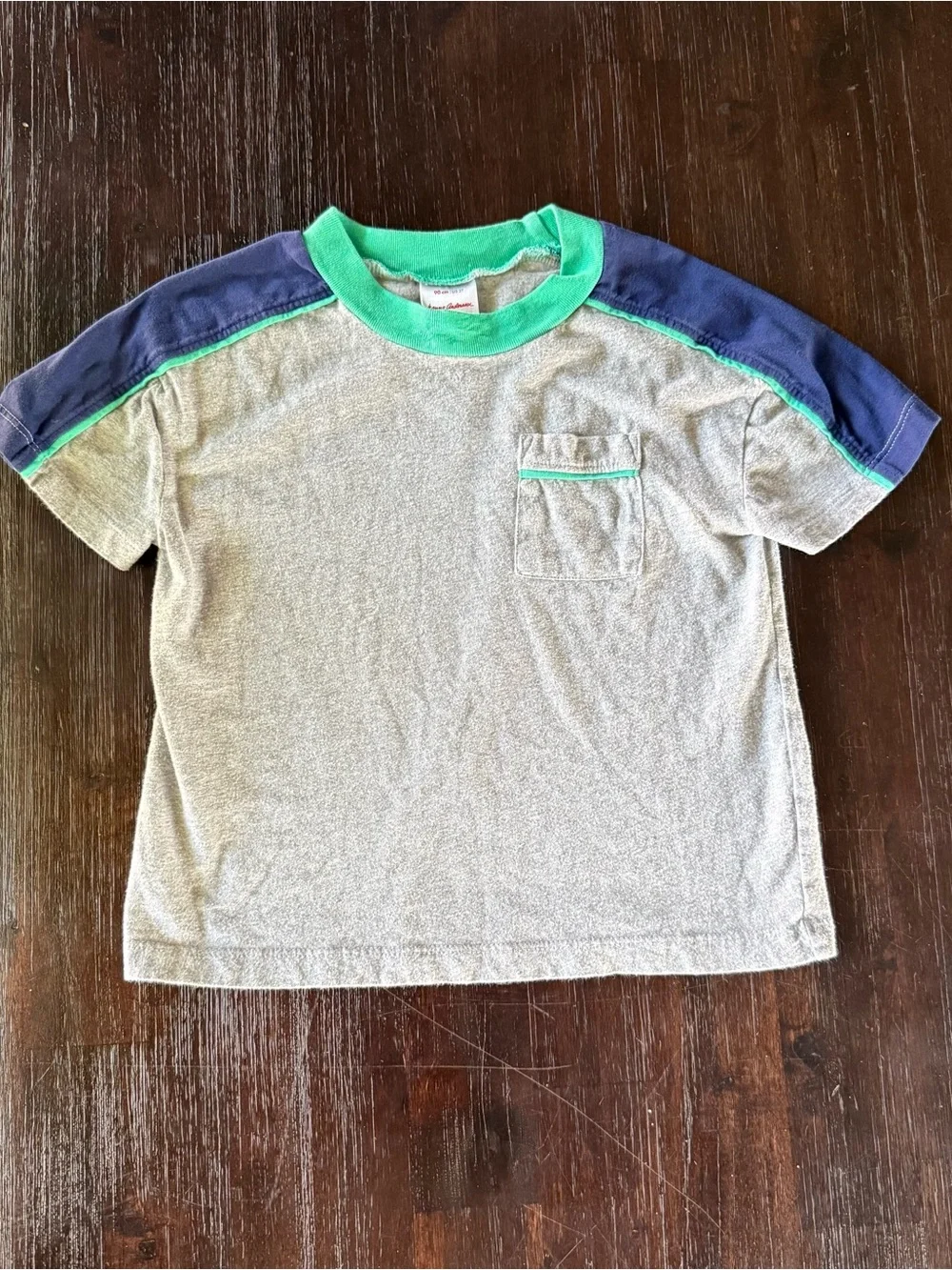 Hanna Andersson Grey Tee with Navy Shoulders and Bright Green Trim